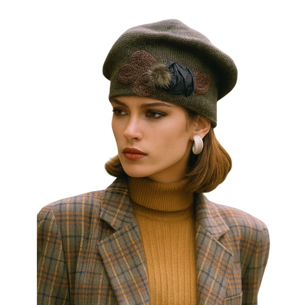 C.C. Exclusives‎ Vintage Knit Beret Hat Olive Green Floral Detail
